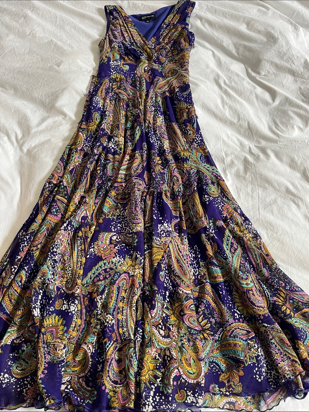 purple paisley-print tiered sleeveless maxi dress with a V-neckline fairy boho